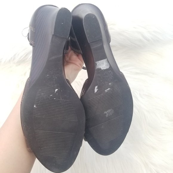 Luca Ferri Coffee Brown Open Toe Ankle Strap Business Casual Wedge Heel Stitch - Picture 5 of 8